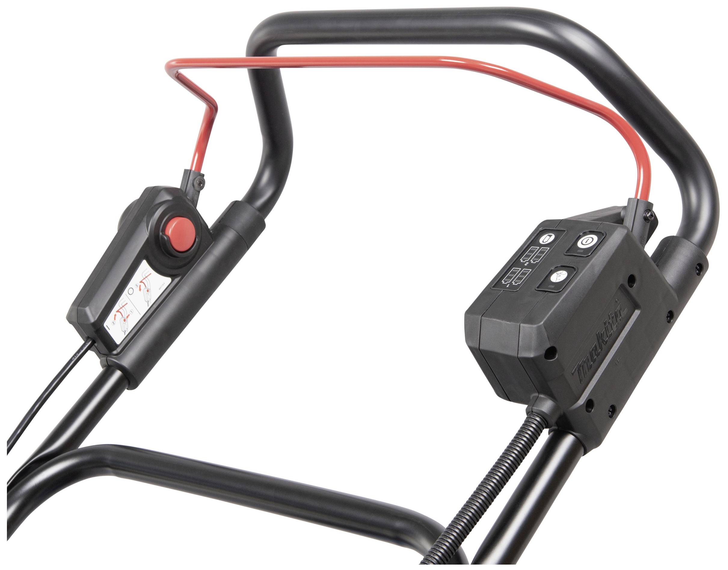 Nahaufnahme des Griffs und Bedienfelds eines Rasenmähers mit rotem Hebel und Tasten zur Steuerung. Ein Neigungsanzeiger ist ebenfalls sichtbar.