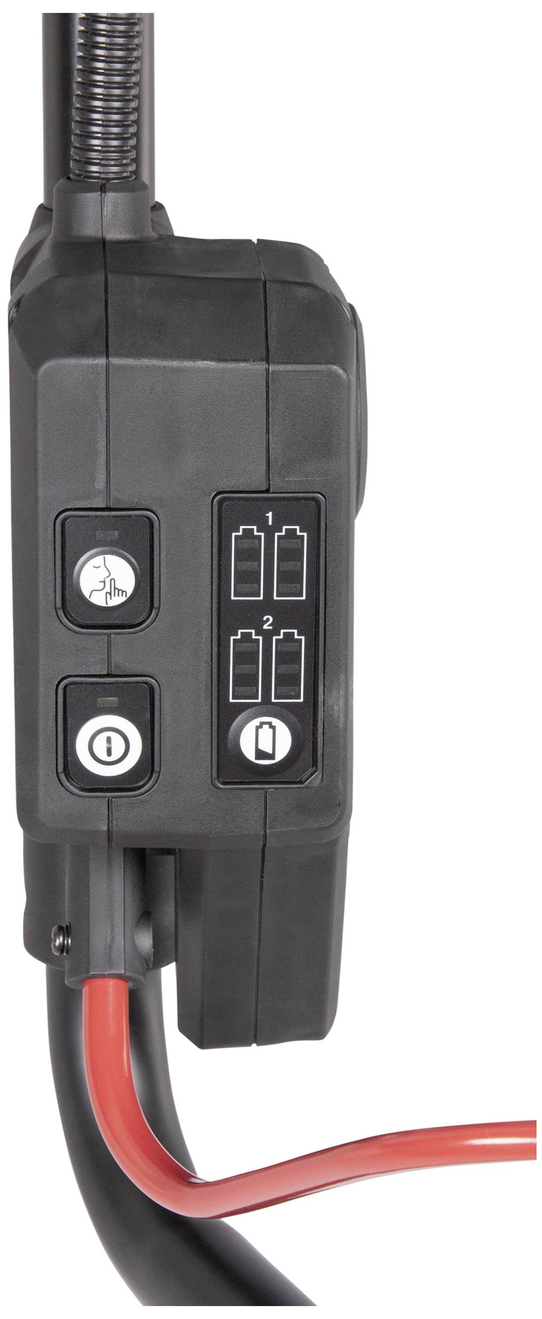 Schwarz-rotes Kabelsystem mit Anschlüssen und Schaltern, darunter zwei Kontrollanzeige-Elemente und zwei Drucktasten.