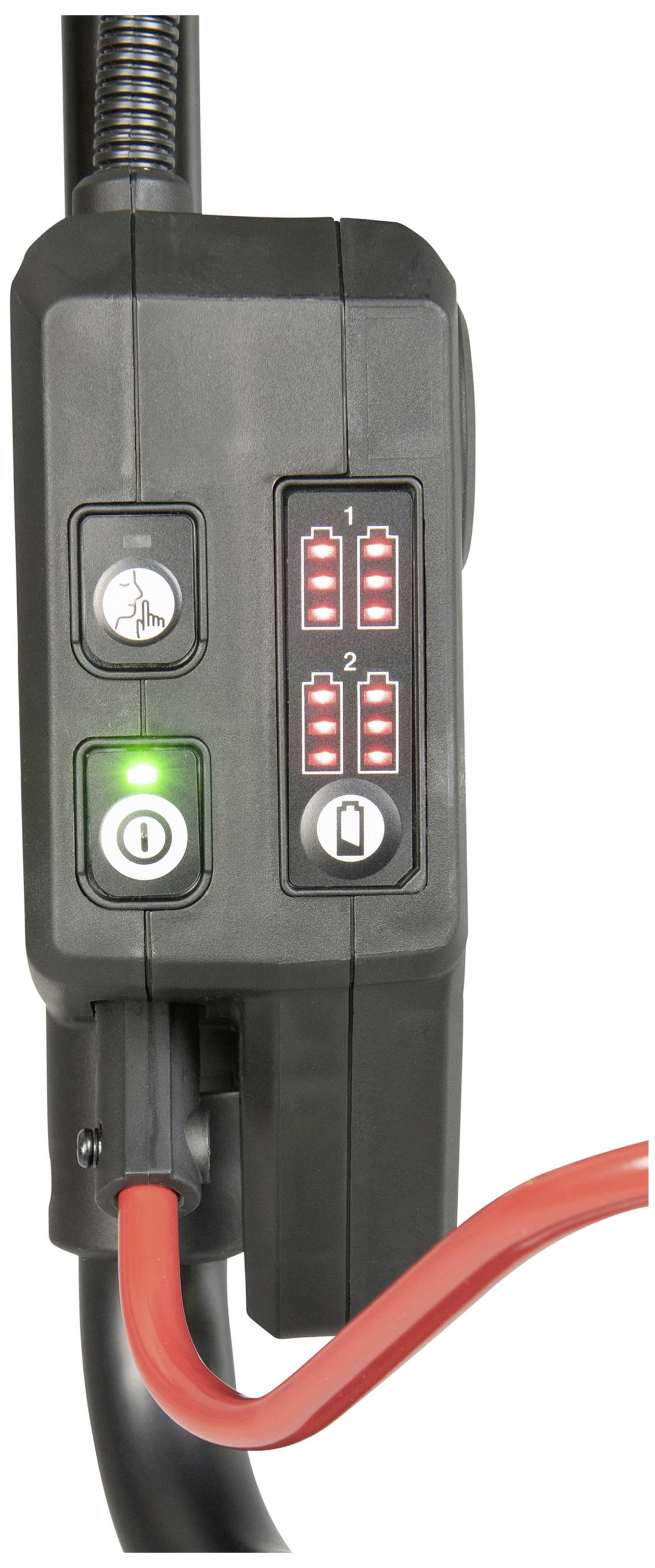 Ein schwarzer Elektrokasten mit Schaltern und roten Kabeln. Zwei Reihen roter Lichter zeigen den Status an. Ein grünes Licht leuchtet.