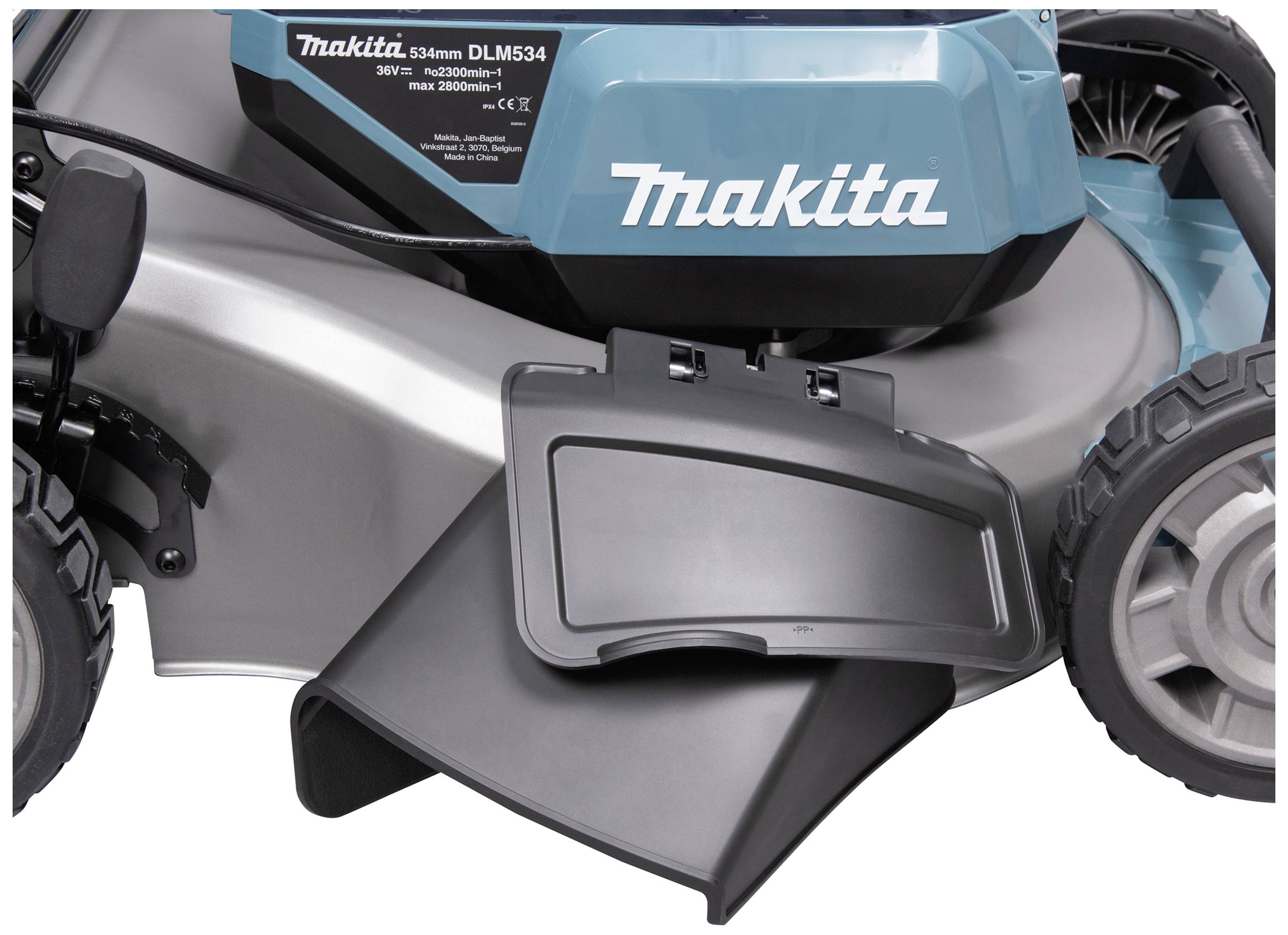 Rasenmäher von Makita mit seitlichem Auswurf. Hauptkörper ist blau und schwarz, mit sichtbar robustem Design. Markenname zentral platziert.