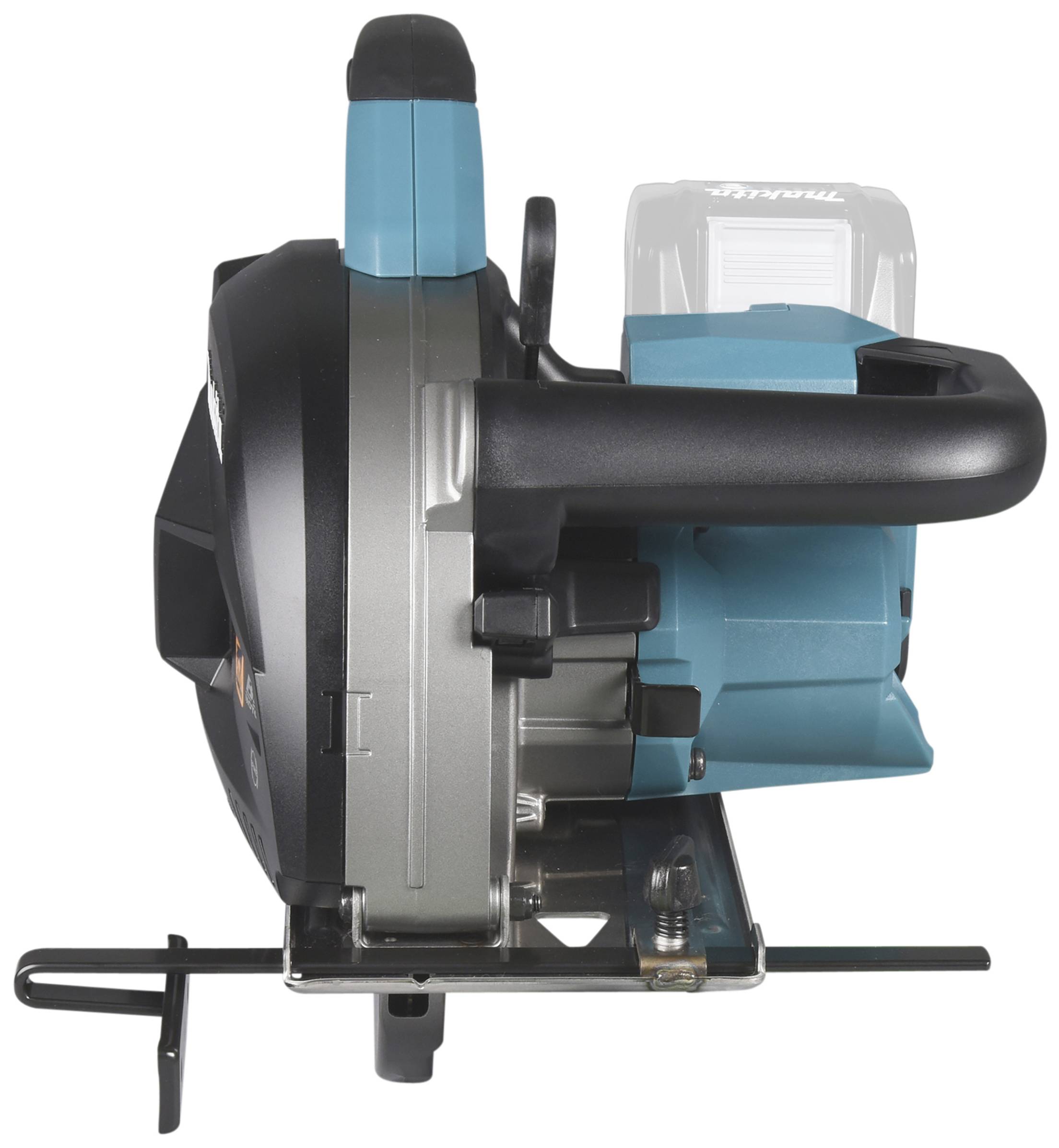 Eine blaue und schwarze Handkreissäge mit sichtbarem Sägeblatt und Griff. Die Säge scheint akkubetrieben zu sein.