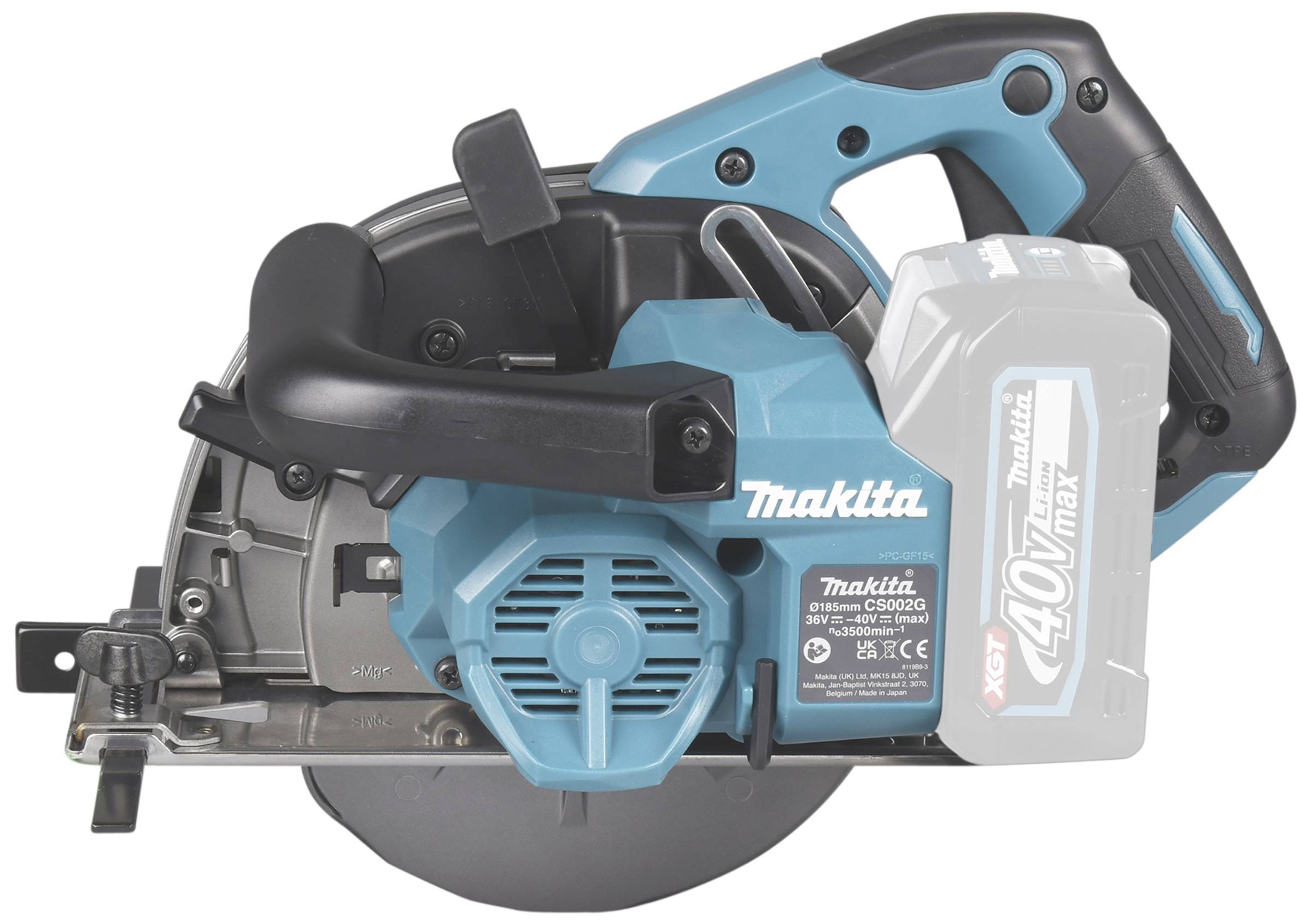 Elektrische Handkreissäge in Blau mit schwarzem Griff. Sie ist kabellos und wird mit einer abnehmbaren, grauen Batterie betrieben.