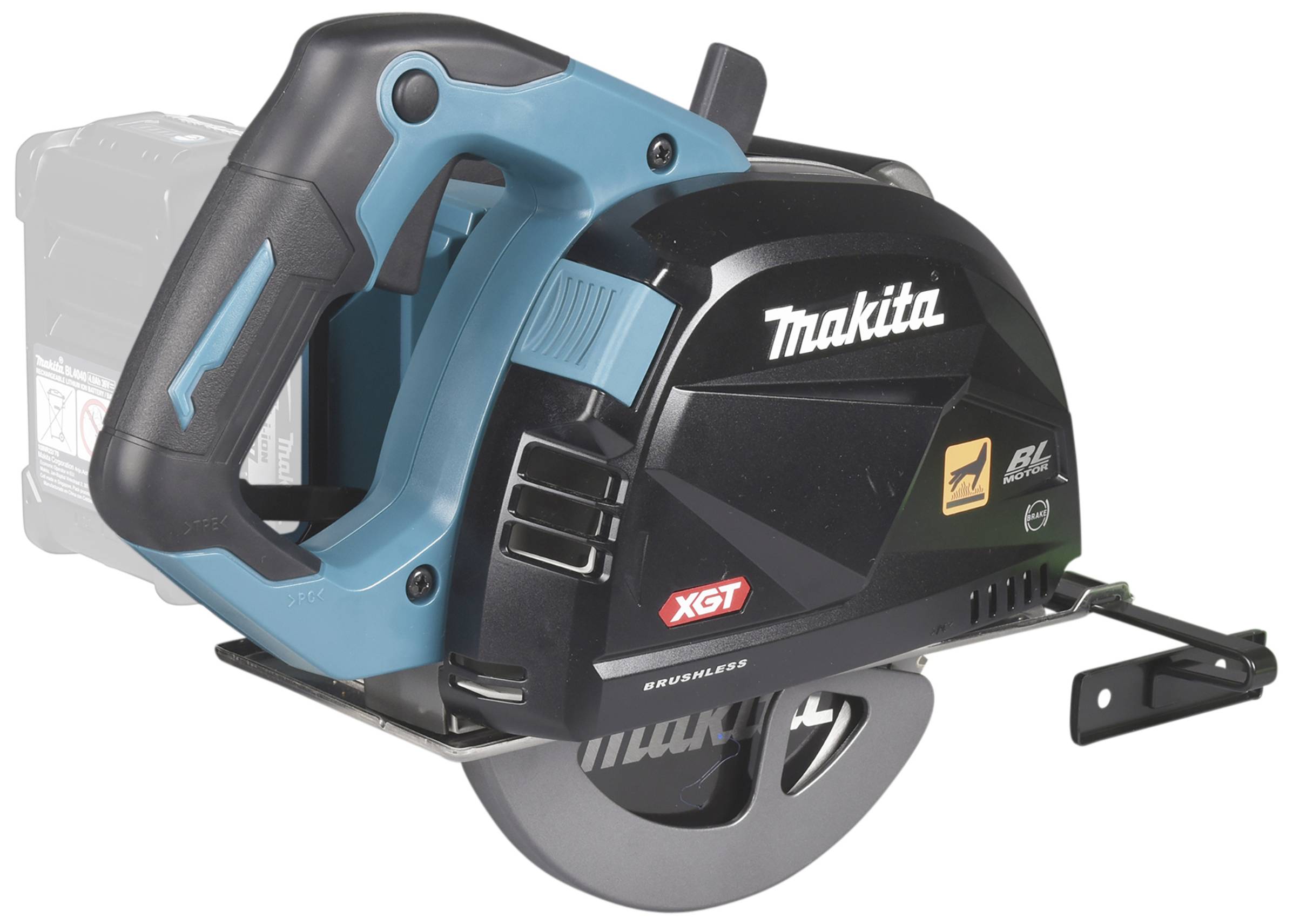 Schnurloses, handgeführtes Kreissägemodell, schwarz-blau, von der Marke Makita, mit ergonomischem Griff und Schutzabdeckung.