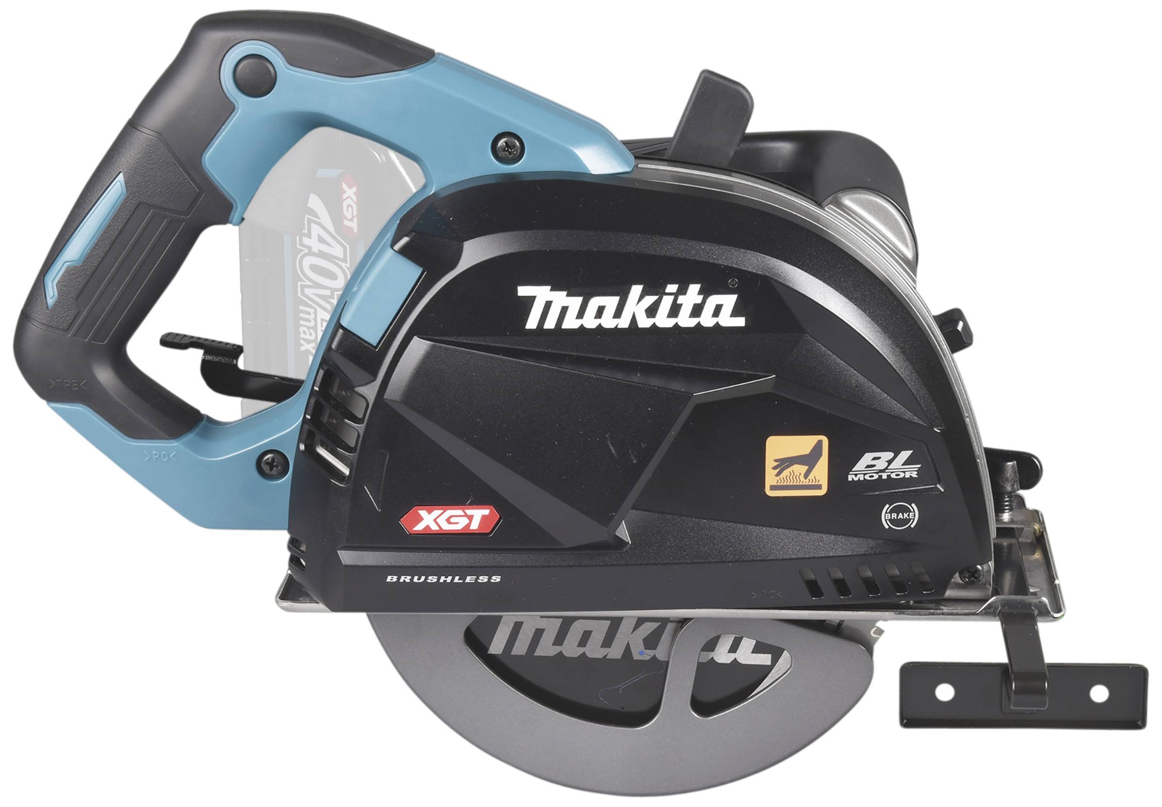 Akkubetriebene Kreissäge mit ergonomischem Griff und schwarzem Gehäuse. Markenname auf der Seite.