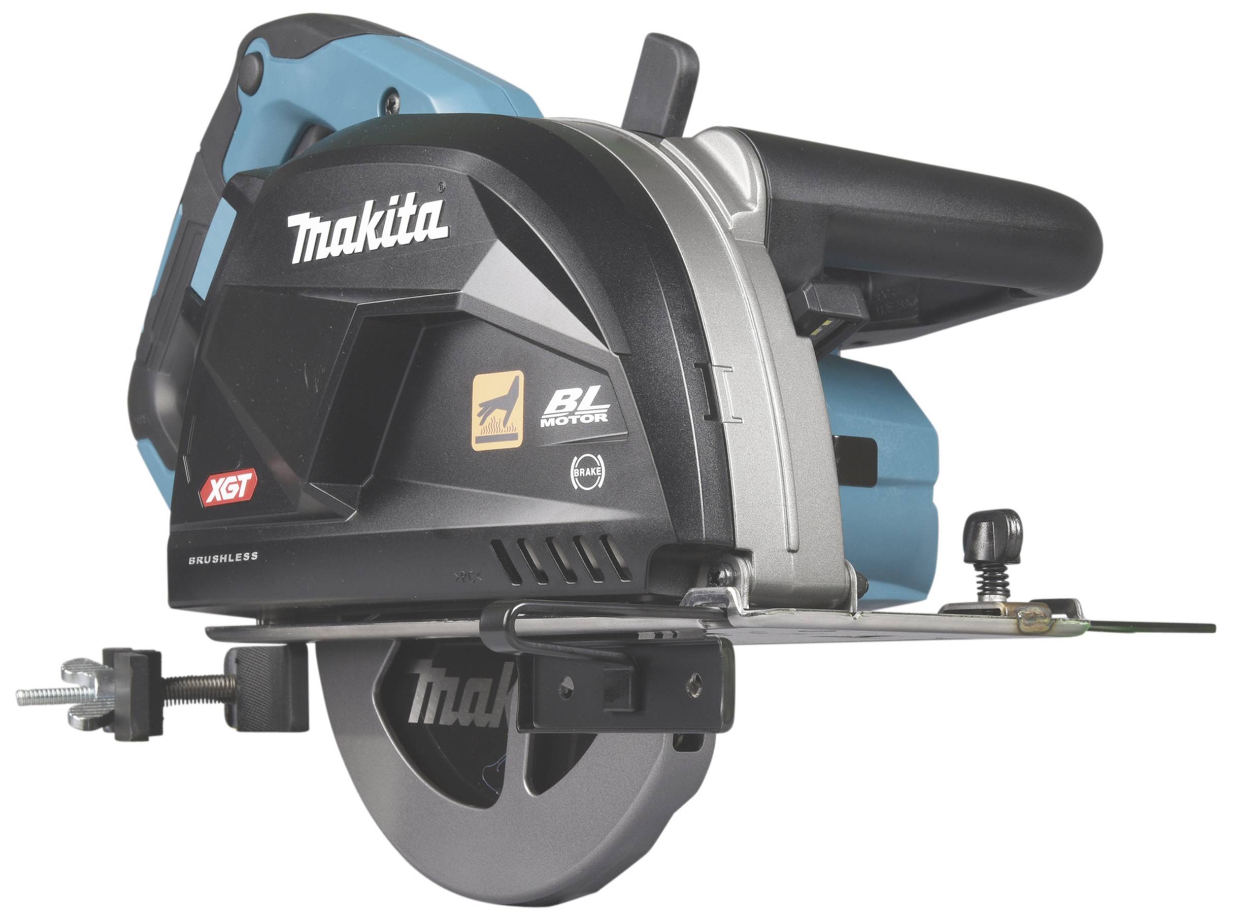 Akku-Handkreissäge mit blau-schwarzem Gehäuse und silbernem Sägeblatt. Hersteller-Logo sichtbar auf der Seite.