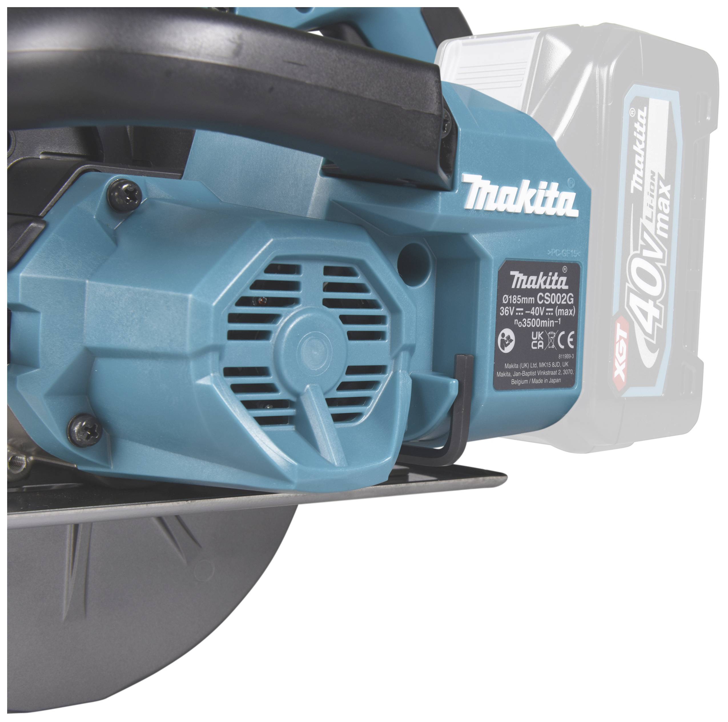 'Makita XGT 40V max'-Akkukreissäge, blau, mit schwarzem Griff, zeigt Motor- und Akkubereich.