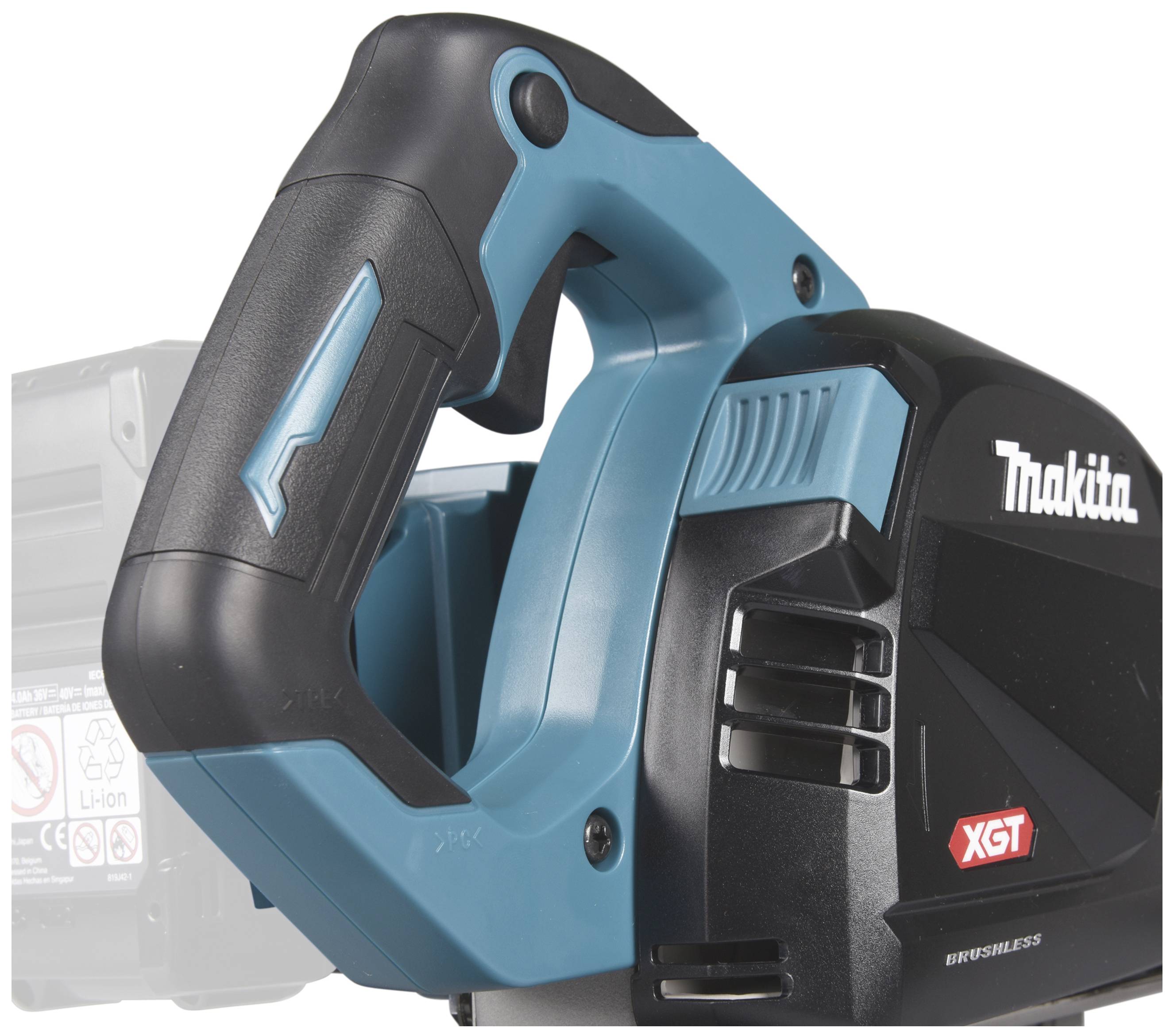 Eine Makita Akku-Handkreissäge mit blau-schwarzem Gehäuse und ergonomischem Griff.