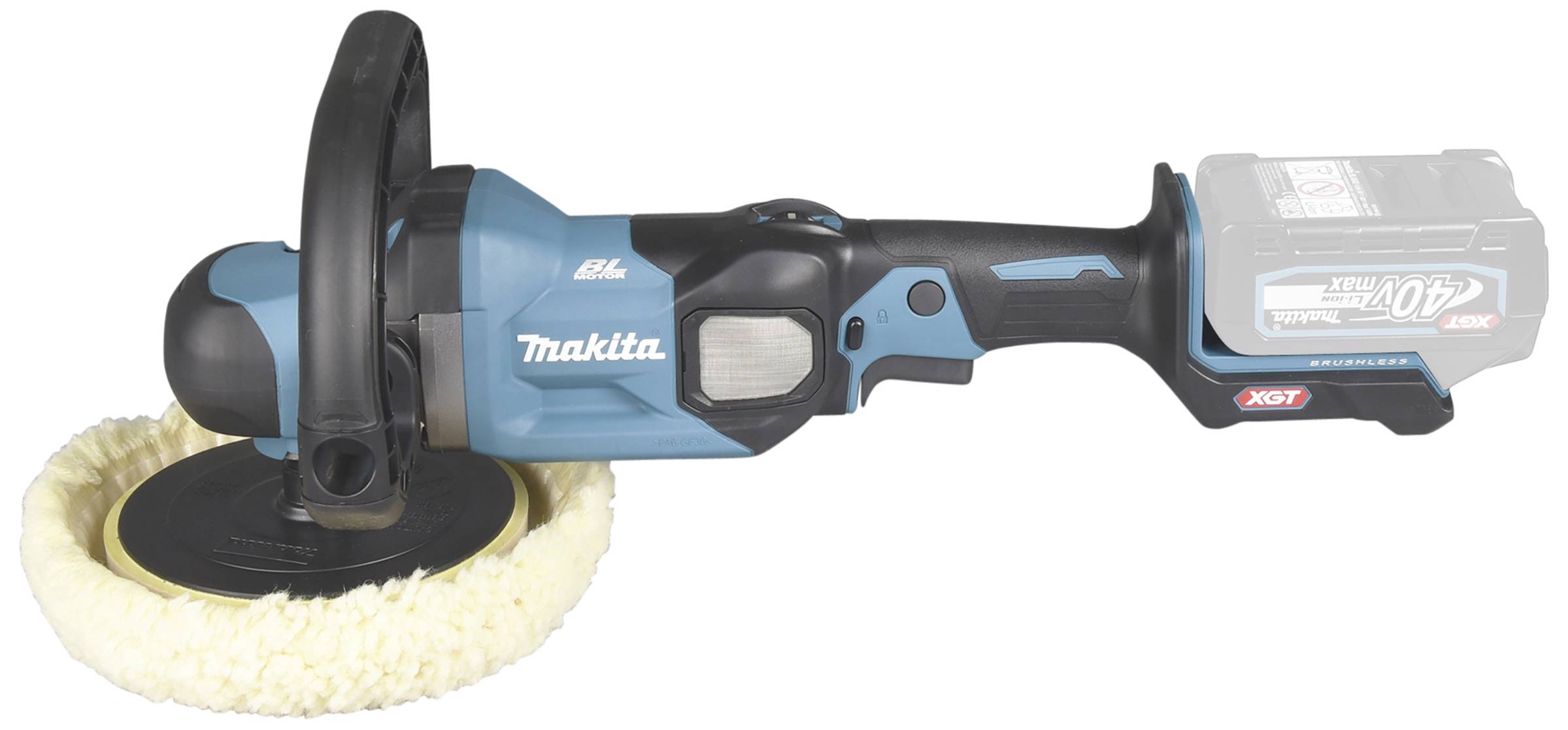 Ein blaue elektrische Poliermaschine mit Akku, linksseitig ein Polierpad, Markenname 'Makita' sichtbar. Geeignet für Oberflächenpolitur.