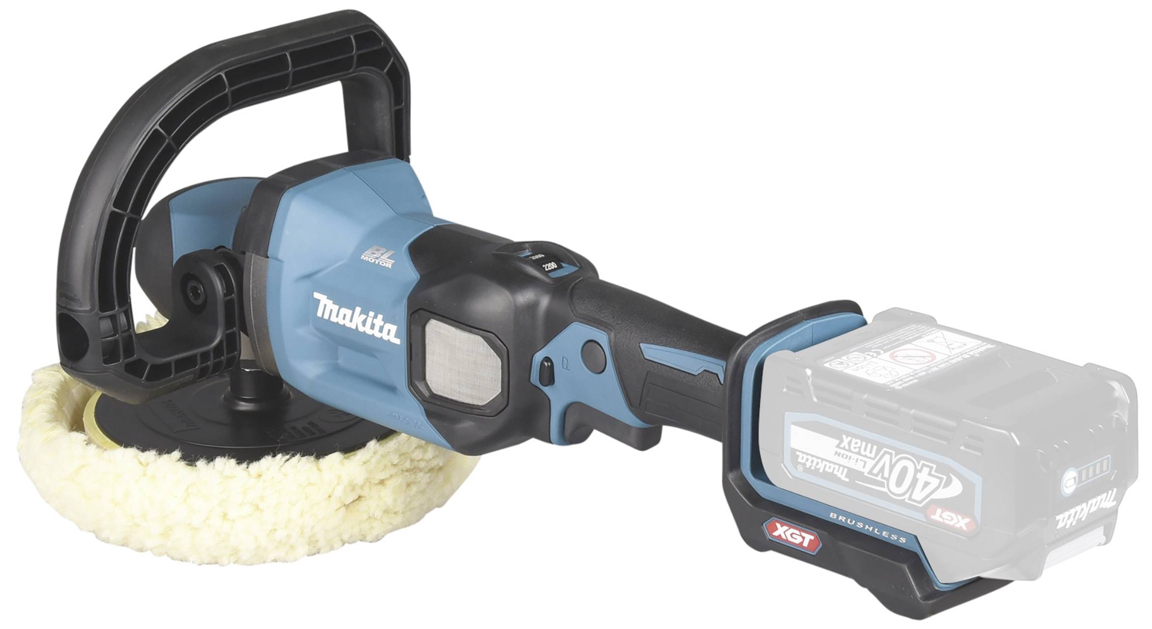 Akkubetriebene blaue Poliermaschine von Makita mit großem Polierpad, ergonomischem Griff und sichtbarem Akku rechts.