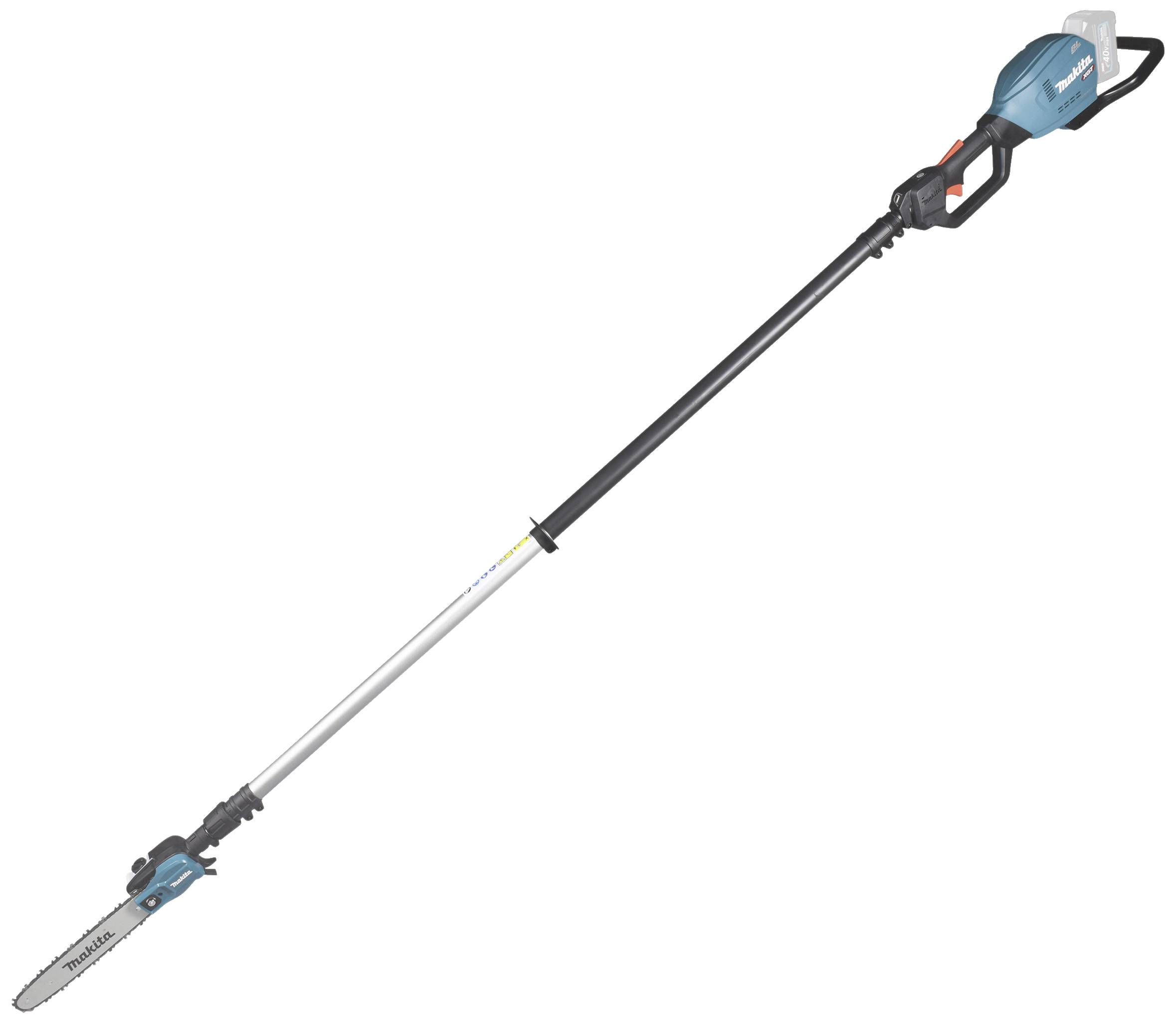 Eine Akku-Hochentaster mit langem Teleskopstiel und Kettensäge am Ende, geeignet für das Schneiden von hohen Ästen.