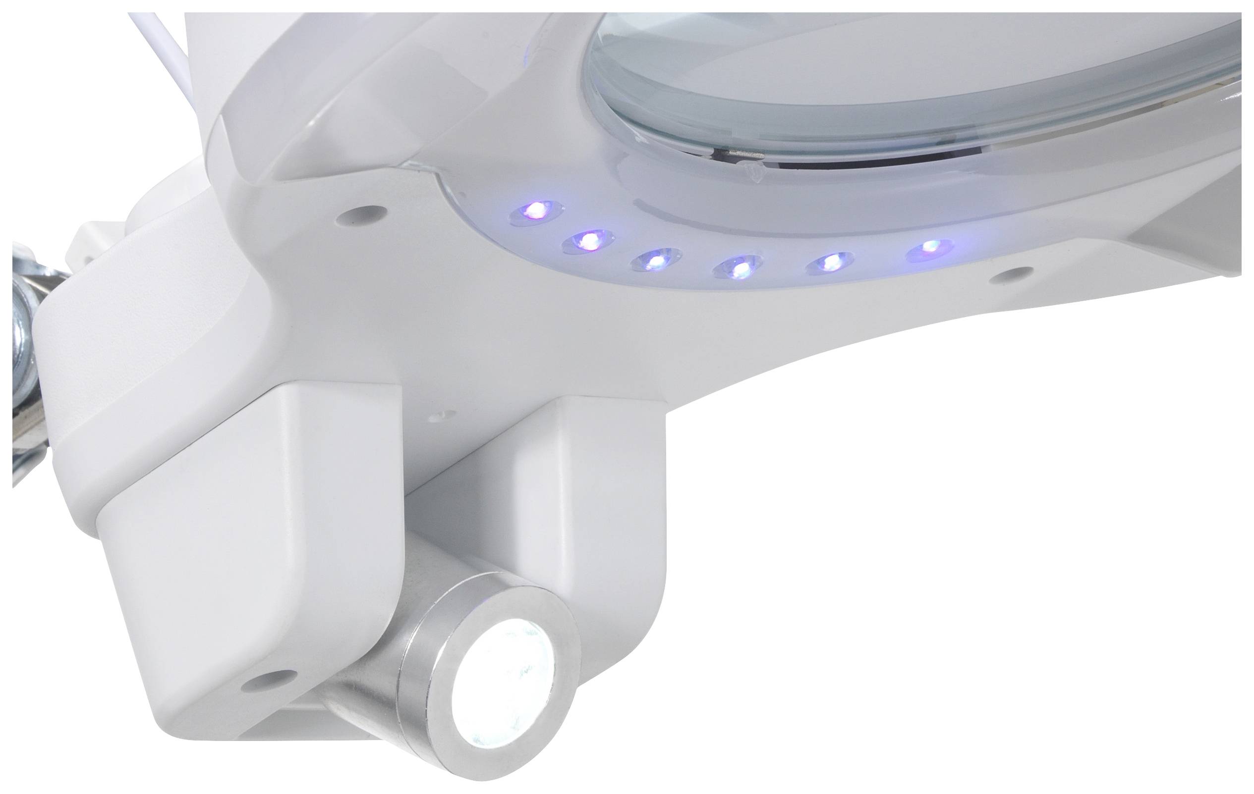 LED-Lampe mit einer leuchtenden Linse und blauer LED-Leiste auf weißem Hintergrund. Sie scheint technologisch und modern gestaltet.