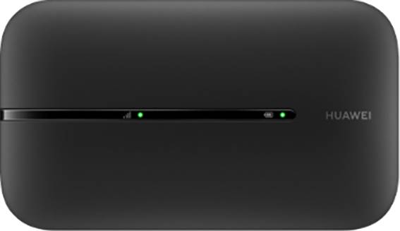 Tragbarer schwarzer Huawei WLAN-Router mit zwei grünen Kontrollleuchten auf der Vorderseite.