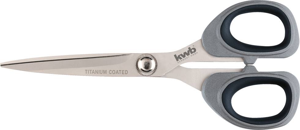 Eine silberne Schere mit grauen Griffen. Auf der Klinge steht 'Titanium Coated'. Die Schere liegt auf einer weißen Fläche.