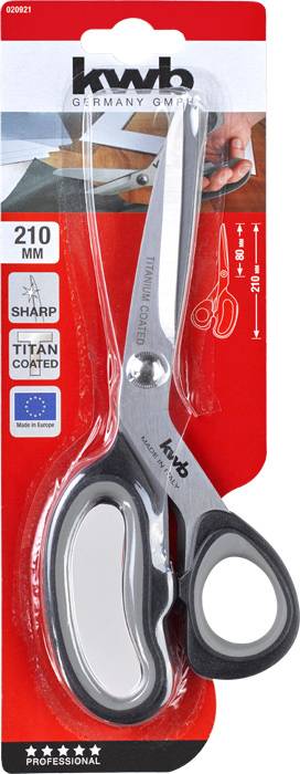 Schere auf rotem Pappkarton verpackt, Marke 'kwb', 210 mm, titanbeschichtet, für professionelle Nutzung, EU-Herkunft.