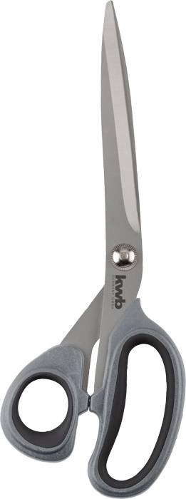Eine graue Schere mit schwarzen Griffen, geöffnet in einem Winkel von etwa 45 Grad.
