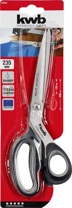 'Kwb Germany GMBH' Schere in Verpackung, 235 mm Länge, titanbeschichtet, mit ergonomischem Griff. Verpackung zeigt EU-Siegel.