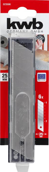 Nachfüllpackung mit 25 mm Klingen. Enthält 6 Ersatzklingen. Verpackung zeigt Markenname 'kwb Germany GmbH' und EU-Logo.