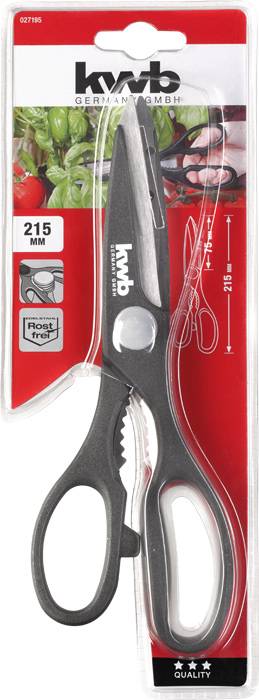 Eine schwarze Küchenschere, die als rostfrei und 215 mm lang beschrieben wird, befindet sich in einer Plastikverpackung mit Kräutermotiv.