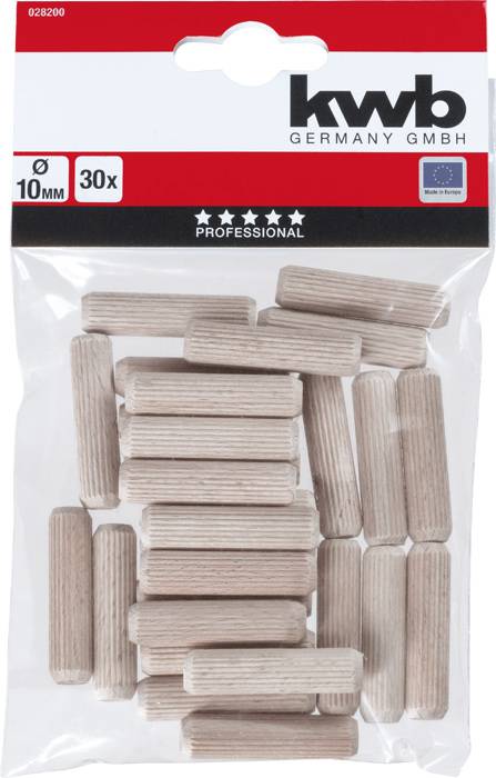Verpackung mit 30 Holzdübeln, 10 mm Durchmesser, von KWB Germany GmbH, geeignet für professionelle Anwendungen.
