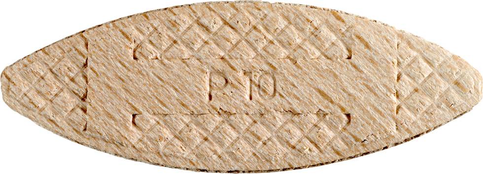 Ovales Holzdübelplättchen mit der Aufschrift 'P 10' und einem strukturierten Muster. Wird üblicherweise für Holzverbindungen verwendet.