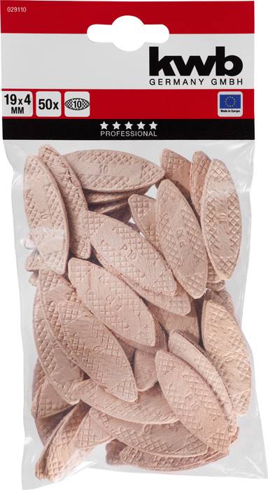 Plastikverpackung mit 50 Holzverbindern der Marke 'kwb Germany GmbH', Größe 19x4 mm, geeignet für professionelle Anwendungen.