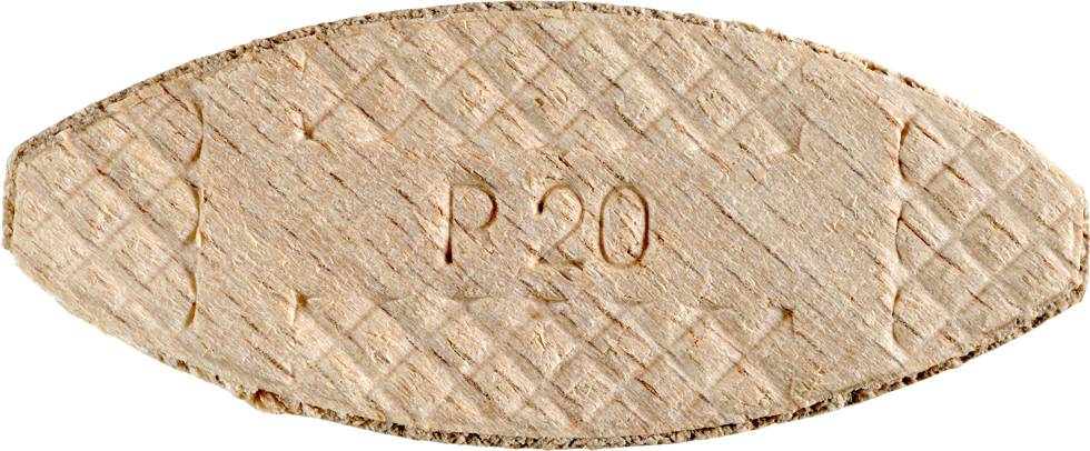 Ein flaches, ovales Holzdübel mit der Prägung 'P 20' in der Mitte. Es hat eine geriffelte Oberfläche.