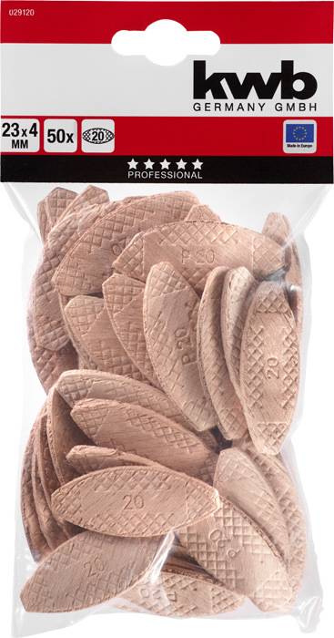 Ein Beutel mit 50 ovalen Holzverbindern der Marke kwb, Größe 23x4 mm, für professionelle Holzverbindungen.