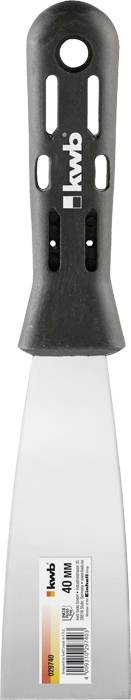 Ein Spachtel von der Marke INOX, mit schwarzem Griff und silberner Klinge. Die Klinge ist 40 mm breit. Auf dem Griff steht das INOX-Logo.