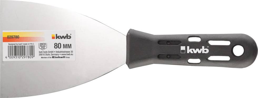 Spachtel mit schwarzem Griff, 80 mm Klinge, Markenname 'kwb' und Artikelnummer 029780 auf dem Etikett.
