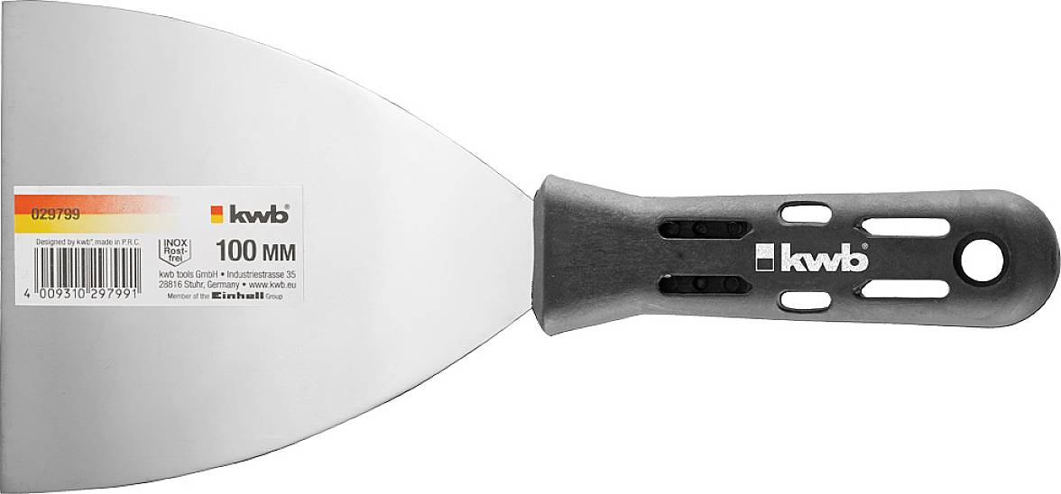 Spachtel mit schwarzem Griff, Breite 100 mm, Marke 'kwb'. Eignet sich zum Glätten und Verteilen von Materialien auf Flächen.