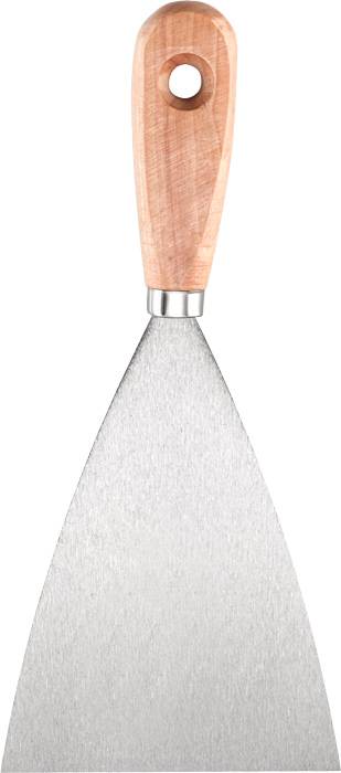 Spachtel mit hölzernem Griff und runder Öffnung am Griffende, silberne Klinge; Werkzeug zum Glätten oder Entfernen von Materialien.