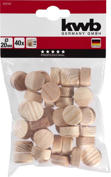 Holzdübel im Beutel von KWB Germany, 20 mm Durchmesser, 40 Stück, geeignet für professionelle Holzbearbeitung.