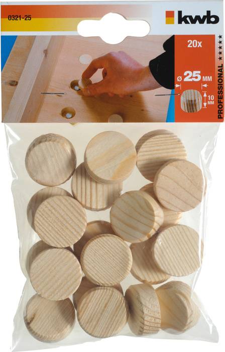 'kwb' Holz-Dübelkappen, 20 Stück, Durchmesser 25 mm, in Verpackung. Wird für Holzarbeiten genutzt, wie das Abdecken von Schrauben.