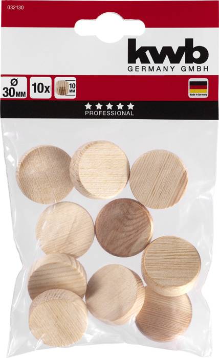 Eine Packung mit zehn runden Holzdübeln (30 mm Durchmesser) von kwb Germany GmbH, geeignet für professionelle Anwendungen.