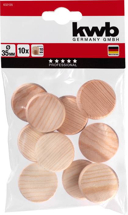 Verpackung mit zehn runden Abdeckkappen aus Holz, Durchmesser 35 mm, von 'kwb Germany GmbH'. Verpackung zeigt deutsche Flagge.