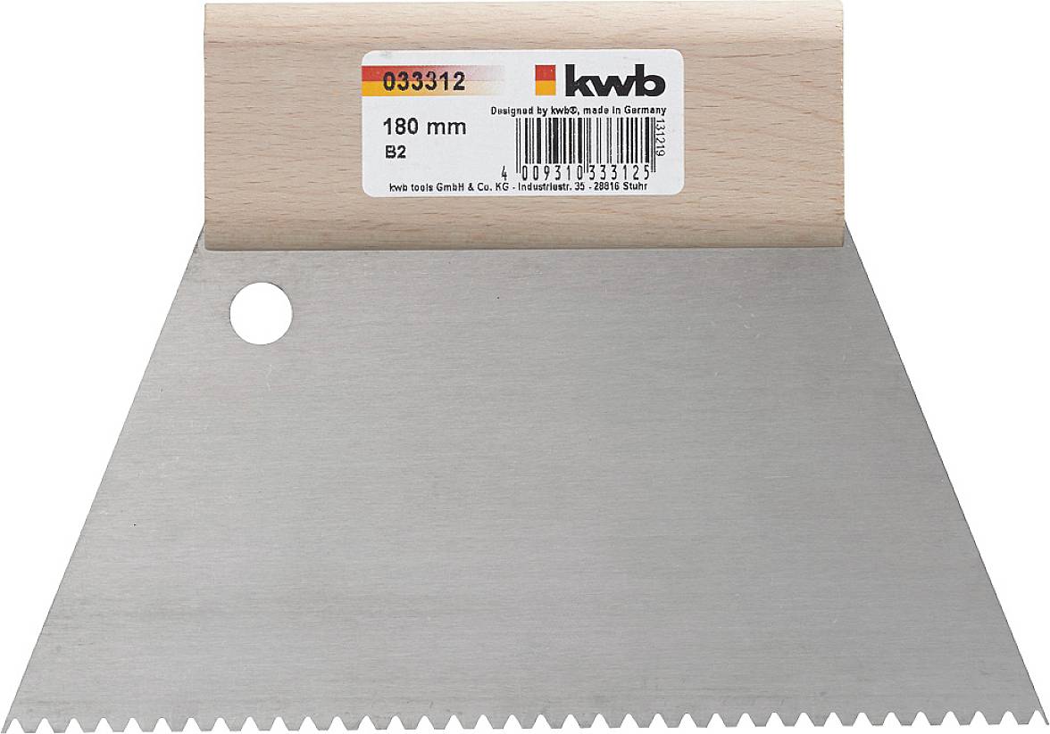 Fliesenkelle mit Holzgriff, 180 mm. Etikett zeigt Marke 'kwb' und Herkunft 'Made in Germany'.