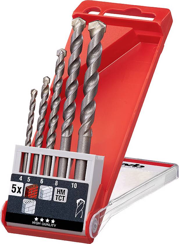 Fünf Metallbohrer in verschiedenen Größen in einer offenen, roten Kunststoffverpackung. Ideal für Anwendungen in Ziegel, Fliesen und Beton.