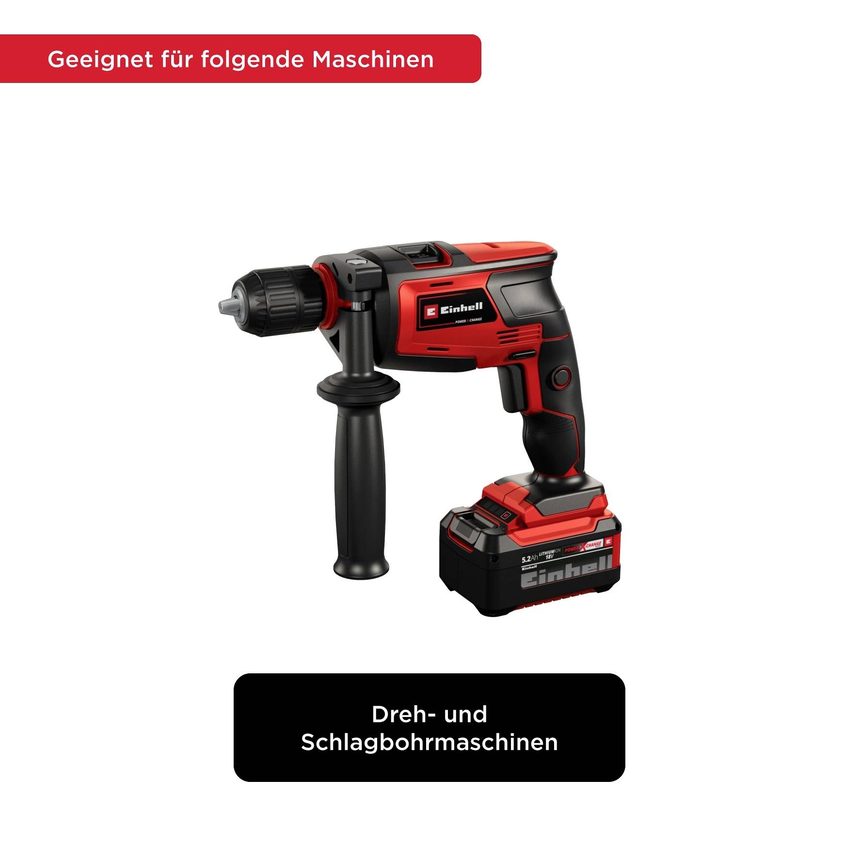 Akkubohrmaschine von Einhell mit rotem und schwarzem Design, geeignet für Dreh- und Schlagbohrarbeiten.