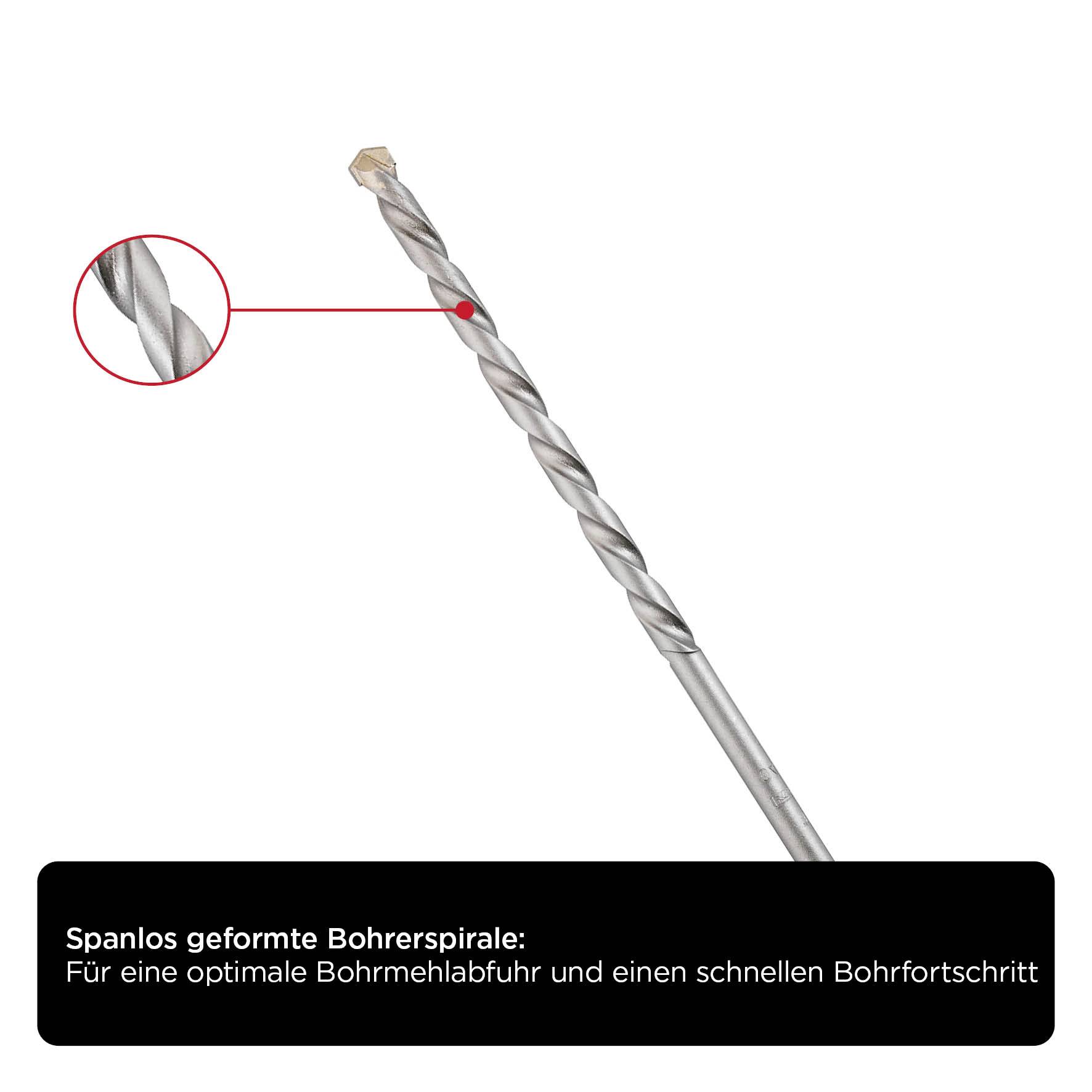 Bohraufsatz aus Metall, spiralförmig, ohne Späne. Text im Bild: 'Spanlos geformte Bohrerspirale: Für optimale Bohrmehlabfuhr und schnellen Bohrfortschritt'.