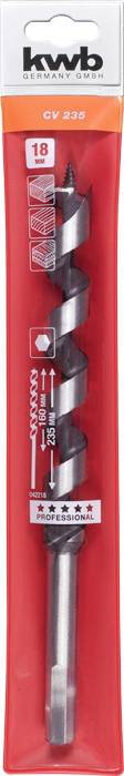 'kwb CV 355' Bohrer in roter Verpackung, geeignet für Holz, 18 mm Durchmesser, spiralförmiges Design, symbolisierte Holzoberfläche.