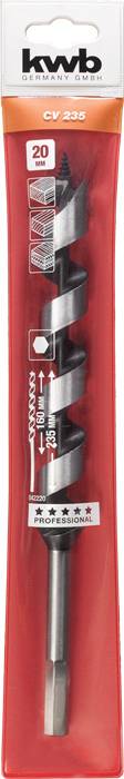 Bohrer der Marke 'kwb' in Verpackung. Holzspiralbohrer, CV 235, 20 mm Durchmesser, für Holz. Rote Verpackung, Bild von Bohr-Anwendung.