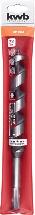 Holzspiralbohrer in roter Verpackung, Marke 'kwb Germany', mit Produktnummer 'CV 235', geeignet für präzises Bohren in Holz.