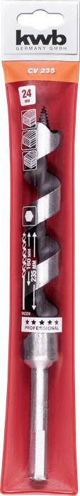 'Kwb CV 235' Holzspiralbohrer in roter Verpackung. Größenspezifikation: 24 mm.