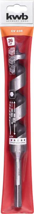 Bohrer in roter Kunststoffverpackung, Marke 'kwb', Typ 'CV 232'. Bohrer hat eine spiralförmige Struktur mit Sechskantschaft.
