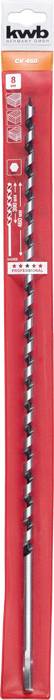 Bohrer mit einer Spiralklinge in einer roten Verpackung, Marke 'kwb'. Geeignet für den Einsatz auf Beton und Stein.