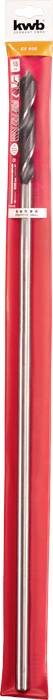 Ein Bohrer in einer roten Verpackung mit der Marke 'kwb'. Der Bohrer ist lang mit einer spiralförmigen Spitze, geeignet für präzises Bohren.
