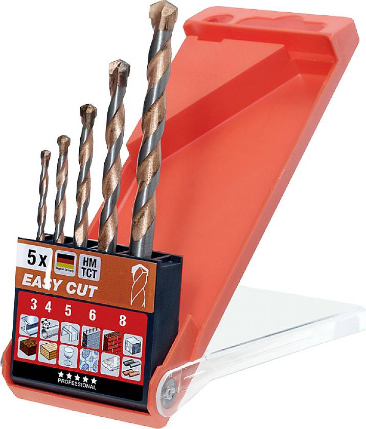 Ein Set aus fünf Bohrern in unterschiedlichen Größen in einer orangefarbenen Kunststoffbox. Geeignet für Beton, Ziegel und Stein.