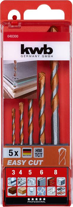 Packung mit fünf Bohrern von 'kwb Germany GmbH', beschriftet mit 'Easy Cut', geeignet für verschiedene Materialien wie Holz und Metall.