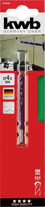 Bohrer-Verpackung mit Aufschrift 'kwb GERMANY GMBH' und '4,0 MM'. Enthält einen blauen Bohrer.