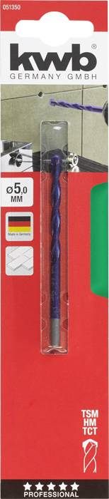 Verpackung eines Bohrers von 'kwb Germany GmbH', 5,0 mm, für Beton, mit deutschen Farben, hochwertig markiert, geeignet für Profi-Anwendungen.